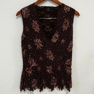 Magaschoni "MAG" Brown Sleeveless Lace and Sequins/Beading V-Neck Top